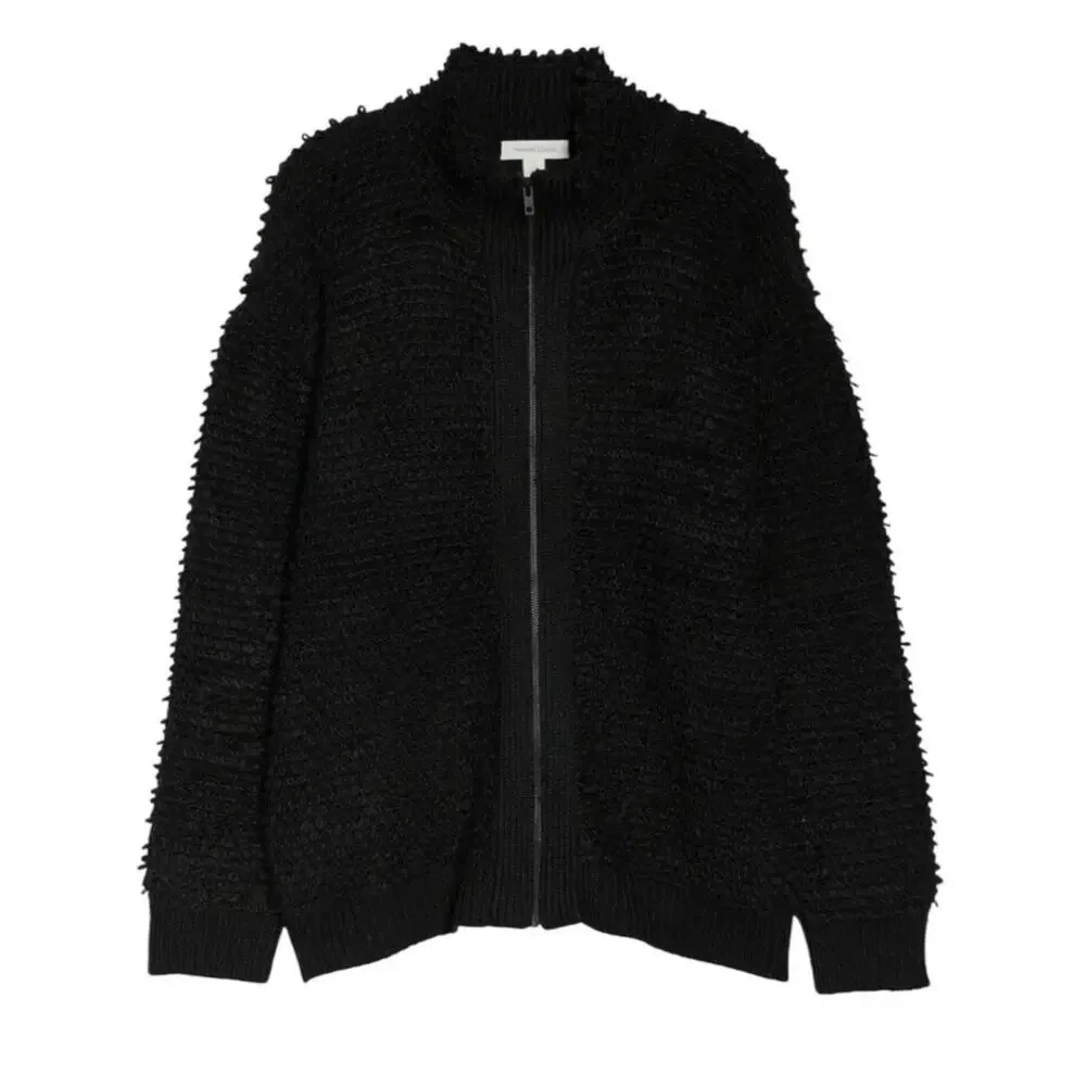 Treasure & Bond Womens Black Fuzzy Cozy Loop Yarn Front Zip Cardigan Large NWT
